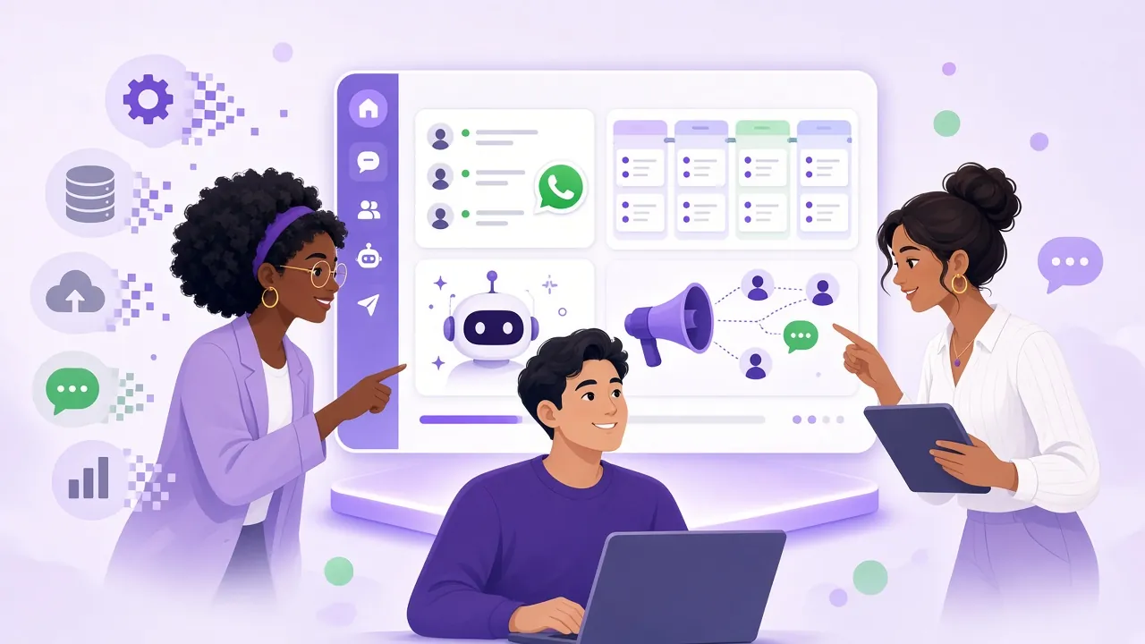 Illustrated team working in one NextPilot workspace